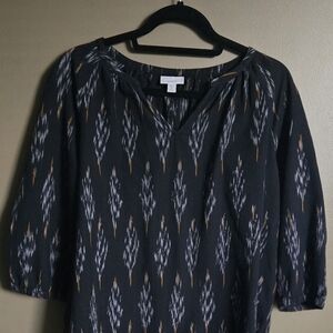 J. Jill Pure Jill Ikat Print Split-Neck Top Blouse - Black Multi - Petite Medium